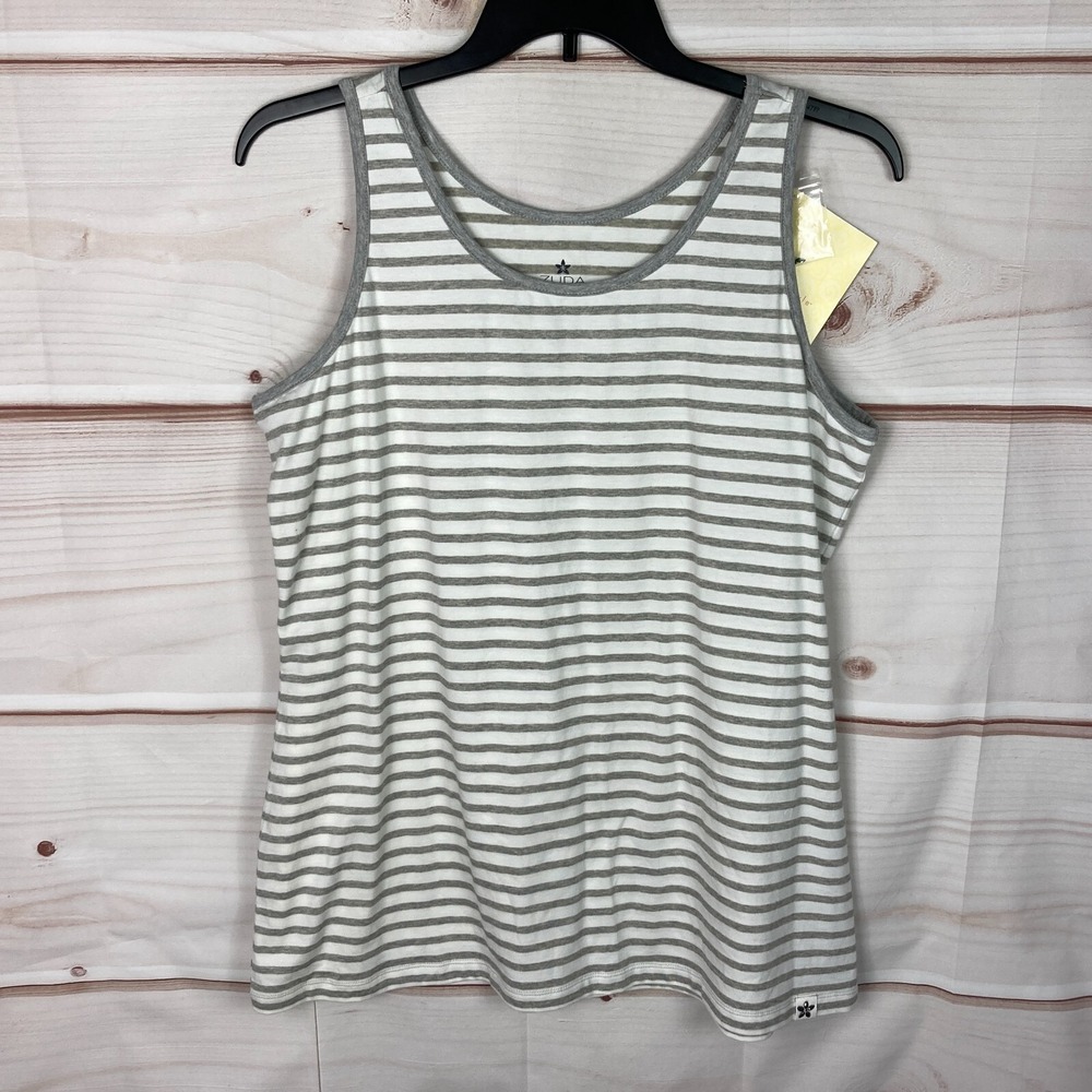 Zuda Top Womens 1X Gray Stripe Tank Scoop Neck Sleeveless Pima Cotton Tunic Knit